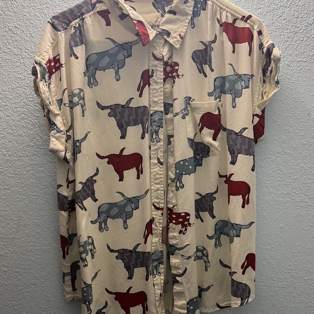 Women's Cream Button Down Shirt with Bull Print